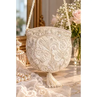 Photo of Vintage La Regale Ivory Beaded Lace Evening Bag Tassel Crossbody Purse