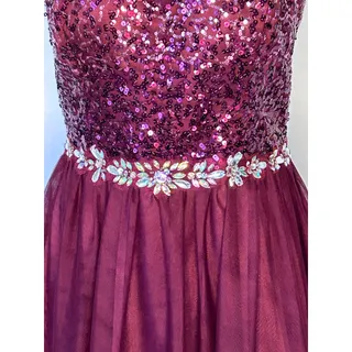 Photo of Masquerade Burgundy Sequin Prom Dress Size 14 Corset Back Formal Gown Maxi prom