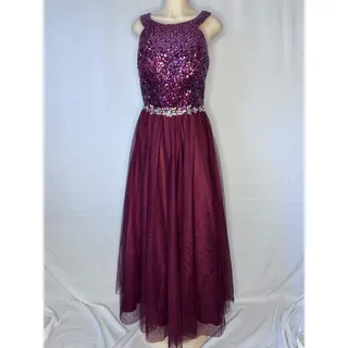 Photo of Masquerade Burgundy Sequin Prom Dress Size 14 Corset Back Formal Gown Maxi prom