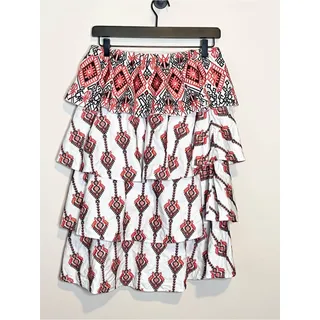 Photo of CAROLINE CONSTAS White Coral Black Embroidered Tiered Ruffle Skirt Size L