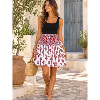 Photo of CAROLINE CONSTAS White Coral Black Embroidered Tiered Ruffle Skirt Size L