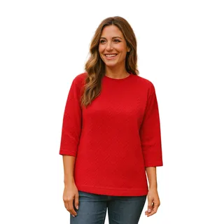 Photo of   Cristina Red 3/4 Sleeve Chevron Textured Top Cotton Blend Medium