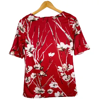 Photo of Emily Stacy S Y2K Boho Floral Red Blouse Scoop Neck Short Sleeve
