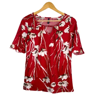 Photo of Emily Stacy S Y2K Boho Floral Red Blouse Scoop Neck Short Sleeve