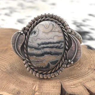 Photo of 1960s Native American NAVAJO Sterling & Crazy Lace Agate Cuff Bracelet Leaves