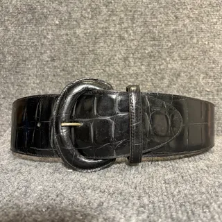 Photo of Vintage Avignon Black Croc Embossed Leather Wide Statement Belt Womens Small 