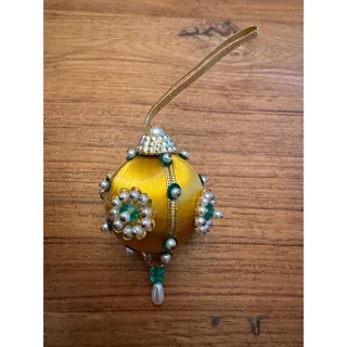 Photo of Vintage Sequin Beaded Pushpin 3” Gold Green Christmas Ornamen