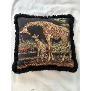 Photo of Vintage African Safari Giraffe Tapestry Pillow 17x16 Black Fringe Double Sided