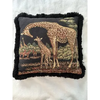 Photo of Vintage African Safari Giraffe Tapestry Pillow 17x16 Black Fringe Double Sided