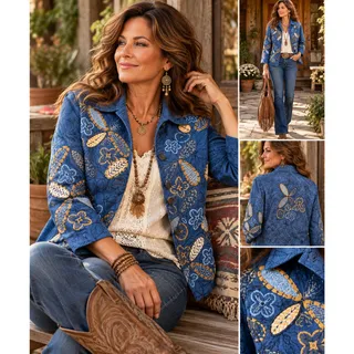 Photo of Coldwater Creek PS Blue Floral Embroidered Appliqué Jacket Boho Artsy