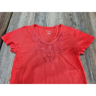 Photo of Merona Womens Medium Coral Red Embroidered V Neck Short Sleeve Cotton Top