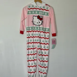 Photo of Hello Kitty Sanrio Girls 7/8 Christmas Hooded Fleece Pajama Jumpsuit NWT