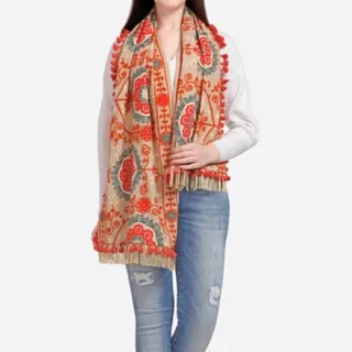 Photo of Mesmora rust orange beige floral embroidered fringe tassel wrap scarf