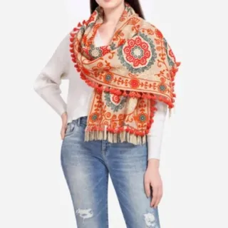 Photo of Mesmora rust orange beige floral embroidered fringe tassel wrap scarf