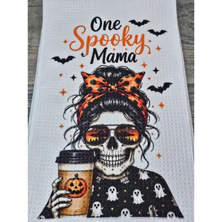 Photo of One Spooky Mama Halloween Kitchen Towel Skeleton Coffee Ghost Decor