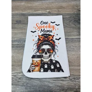 Photo of One Spooky Mama Halloween Kitchen Towel Skeleton Coffee Ghost Decor