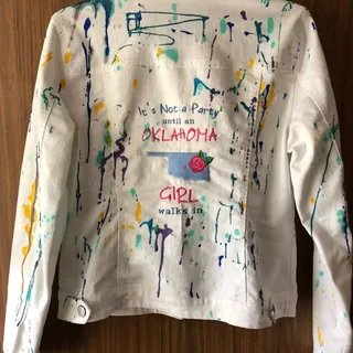 Photo of Baccini White Denim Jacket Hand Painted, Embroidered OOAK Size M Oklahoma