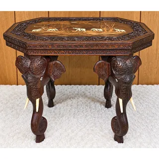 Photo of Vintage Anglo-Indian Elephant Leg Table Hand Carved Wood Inlay Glass Top 18"