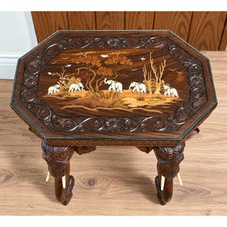 Photo of Vintage Anglo-Indian Elephant Leg Table Hand Carved Wood Inlay Glass Top 18"