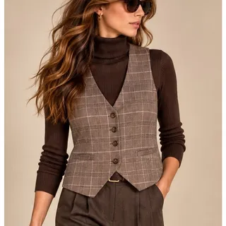 Photo of BLANKNYC Womens Plaid Tailored Vest Size L Brown Preppy Academia Heritage Work