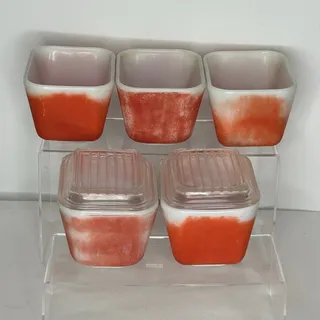 Photo of Vintage Pyrex Orange Red Refrigerator Dishes Set of 5 Milk Glass 2 Lids