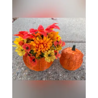 Photo of Pumpkin-Shaped Baskets, Floral Basket, Orange Woven Wicker, Vintage Fall Decor