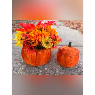 Photo of Pumpkin-Shaped Baskets, Floral Basket, Orange Woven Wicker, Vintage Fall Decor