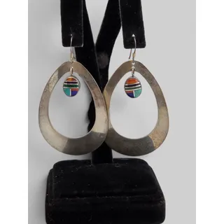 Photo of Vintage Sterling Silver Multistone Inlay Teardrop Dangle Earrings Southwestern