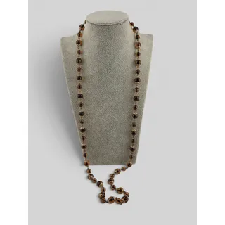 Photo of Vintage Amber Brown Striped Plastic Bead Necklace Gold Tone Caps 32.5"