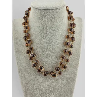 Photo of Vintage Amber Brown Striped Plastic Bead Necklace Gold Tone Caps 32.5"