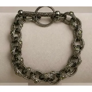 Photo of Vintage 1970s Brutalist Woodland Link Bracelet Green Rhinestones 8.5”