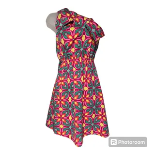 Photo of Ellen Ollie Sz 4 One Shoulder Dress Bow Bright Pink 80s 90s Southern Fit Flare