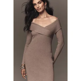 Photo of New Anthropologie Off-Shoulder Slim Sweater Dress $198 LARGE Gray Long Sleeve