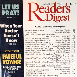 Photo of Reader's Digest Magazine November 1992 Back Issue 71st Year, Parson Savage Horse