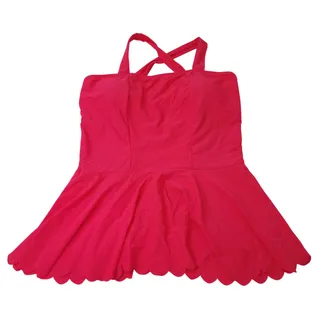 Photo of Hot Pink Halter Tankini Swim Dress Size L Scalloped Hem Sweetheart Neckline