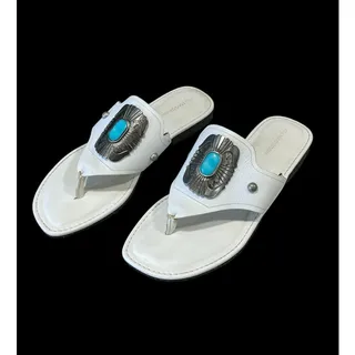 Photo of Ali MacGraw White Leather Turquoise Boho Thong Sandals Women’s Size 40 EU/9.5 US