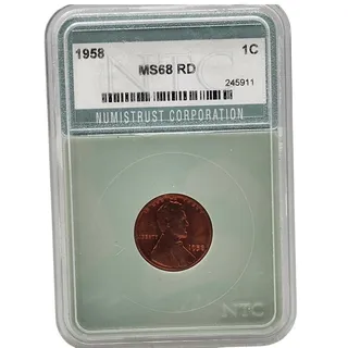 Photo of 1958 Lincoln Wheat Cent Penny NTC MS68 RD Numistrust Corporation Certified 1C