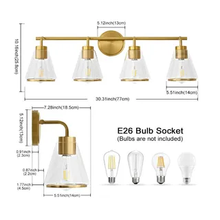 Photo of 4 Light Bathroom Vanity Light Fixture Clear Glass Shade, 30" Needs E26 Bulbs
