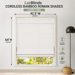 Photo of LazBlinds Cordless Bamboo Roman Shade 42.5" x 64" Alpine Ivory Room Darkening