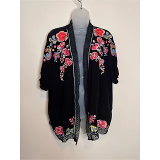 Photo of PAPARAZZI Black Floral Embroidered Lace Trim Boho Kimono Cardigan Size Small