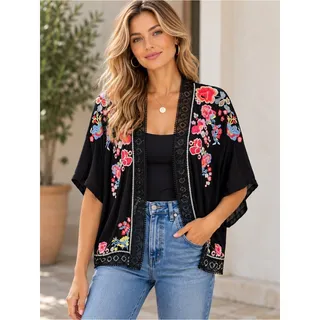 Photo of PAPARAZZI Black Floral Embroidered Lace Trim Boho Kimono Cardigan Size Small