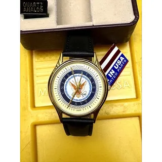 Photo of US Navy Quartz Analog Watch Gold Tone Black Leather Strap in Gift Box
