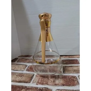 Photo of Vintage 1960s Clear Glass Decanter Carafe Gold Trim Cork Stopper Pitcher 7" Base