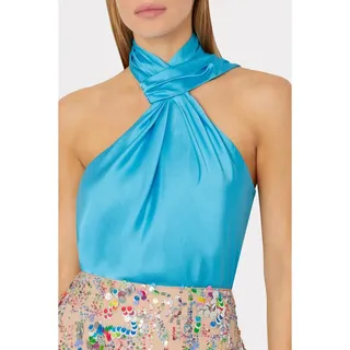 Photo of MILLY Jen Satin Halter Top in Sky Blue Small NWT Luxe Resort Neo Minimalism