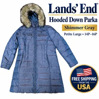 Photo of Lands’ End Hooded Shimmer Gray Down Parka Coat Jacket Size Large 14P-16P
