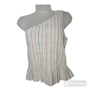 Photo of American Eagle Medium NWT One Shoulder Smocked Pastel Stripe Top Linen Blend