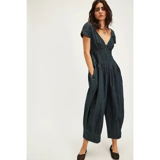 Photo of New FREE PEOPLE Hanlon Jumpsuit $228 SIZE 12 Dark Blue Denim Barrel Leg Pleated