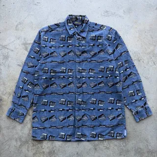 Photo of Vintage 90s Slaver Lake Outfitters Fishing Print Corduroy Shirt M