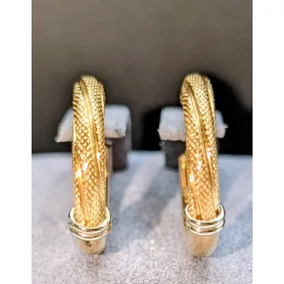 Photo of 18K Italian Yellow Gold (White Gold Bands) Textured Polished Hoop Earrings