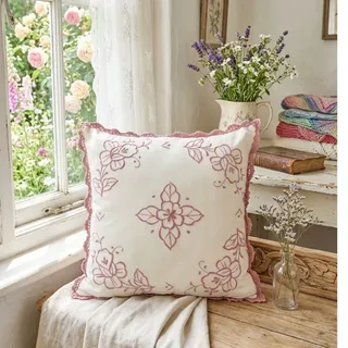 Photo of Vintage Cottagecore Shabby Chic Farmhouse Embroidered Toss Pillow w/Crochet Edge